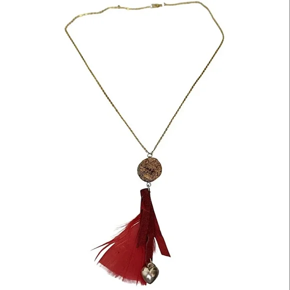 Handcrafted Wire Flower Heart Cork Red Suede Fringe Feather Necklace - Picture 2 of 4